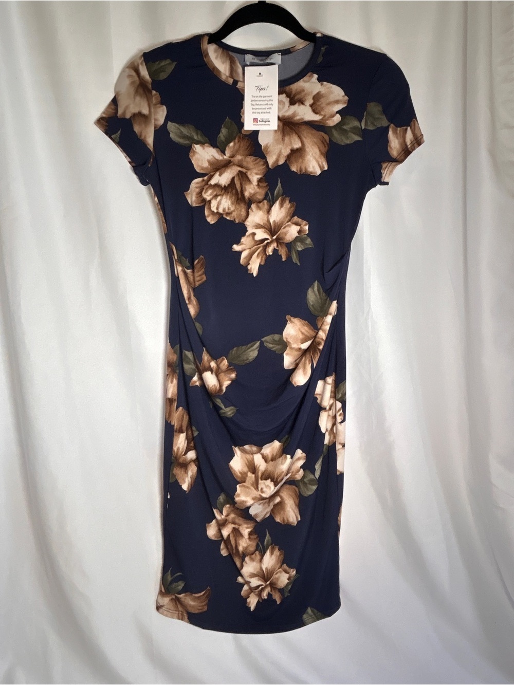 My Bump Maternity Floral Ruched Dress Size Small Navy Blue Short Sleeve NWT